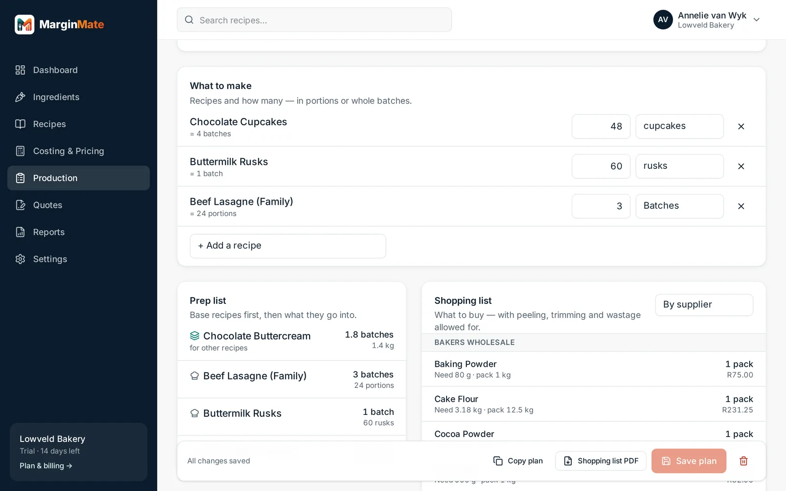 Production plan: prep list and a shopping list by supplier